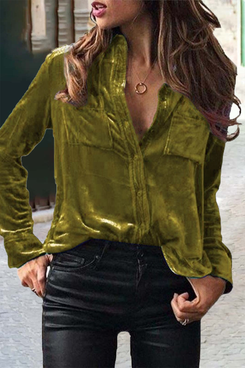 MW | Elegante solide Schnalle solide Farbe Shirt Kragen Blusen (11 Farben)