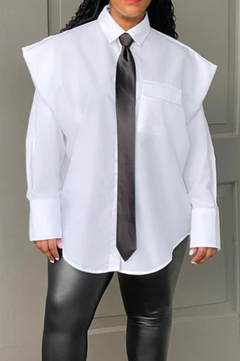 MW | Elegante solide Patchwork Tasche Schnalle Shirt Kragen Tops