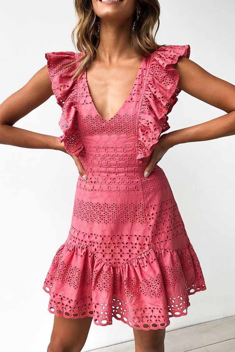 MW | Florcoo Hohle Spitze Rüschen Solides Minikleid