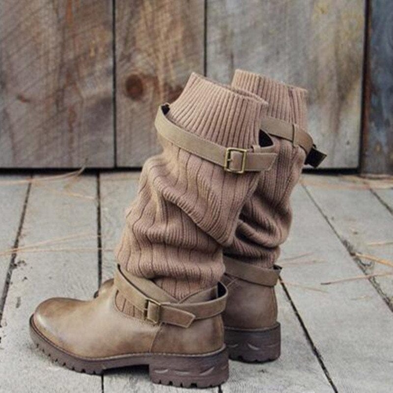 MW | Warme Wolle strickende Lederstiefel für Frauen