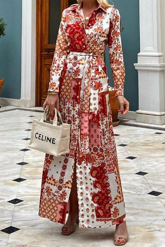 MW | Elegante Floral Tasche Frenulum Turndown Kragen Shirt Kleid Kleider
