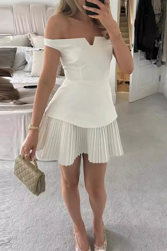 MW | Sexy Celebrities Solide Farbe Patchwork Plissee Off Shoulder Minikleider