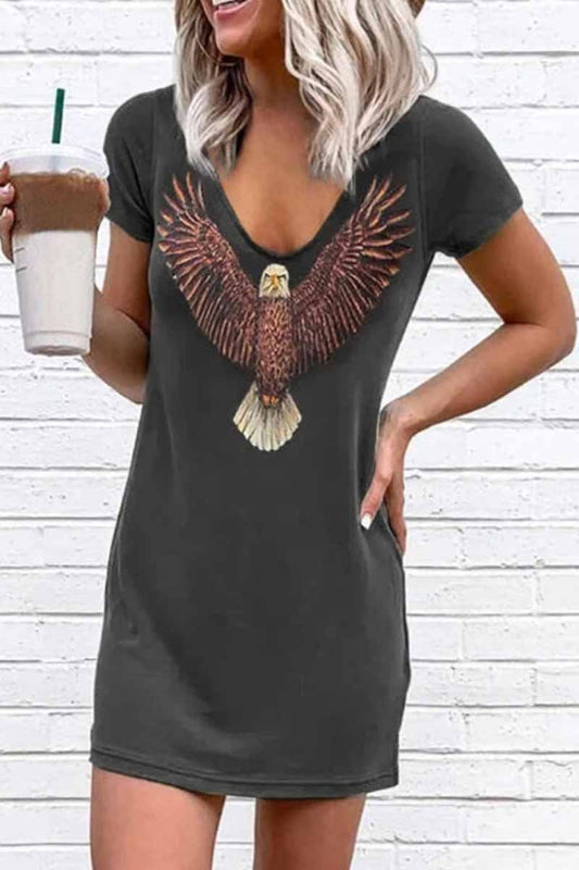 MW | Florcoo Lose V-Ausschnitt Adler Druck kurze Ärmel Minikleid