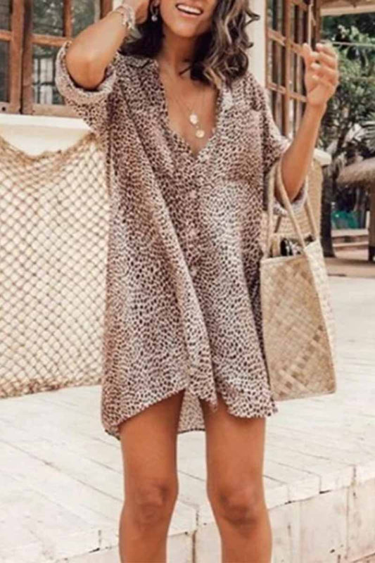 MW | Florcoo Leopard Print Langarm-Shirt Minikleid